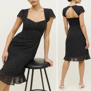 Reformation Rosi Dress Black Selene Dot Sweetheart Smocked Feminine Plus 18 NWT